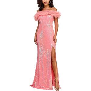 NWT Pear Culture Pink Off-Shoulder Evening Gown Ruffle Sequin